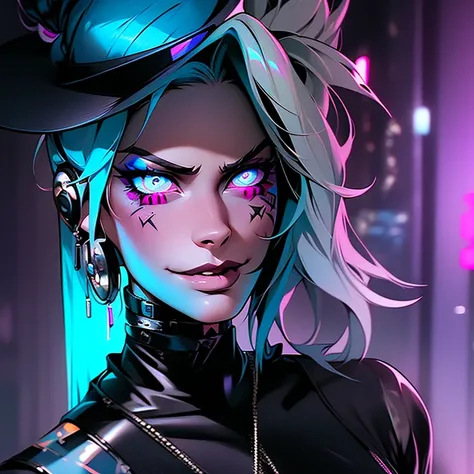 a woman with tattoos and a top hat, cyberpunk comic cover art, police uniform, sona, necro, punk , mischievous, portrait of harley quinn, techno artwork, black and cyan color scheme, a sexy blonde warrior, gogo : :, pastel artwork, beautiful android woman,...