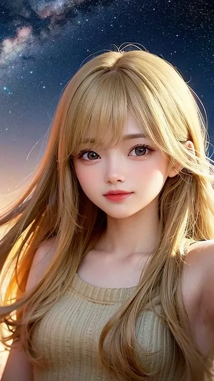 (highest quality, masterpiece), One girl, Pause, particle, Wind, flower, Upper Body, Simple Background, View your viewers, blonde, Milky Way,smile、long hair