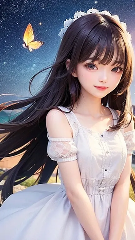 (highest quality, masterpiece), One girl, Pause, particle, Wind, flower, Upper Body, Simple Background, View your viewers, , Milky Way,smile、long hair、milky way