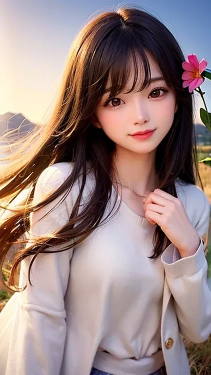 (highest quality, masterpiece), One girl, Pause, particle, Wind, flower, Upper Body, Simple Background, View your viewers, , Milky Way,smile、long hair、milky way