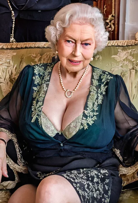 (busty breast:1.3), (queen elizabeth 80yo sitting on sofa) (chiffon sheer green blouse and black skirt:1.3), (lace bra see through:1.3), cleavage, pearls