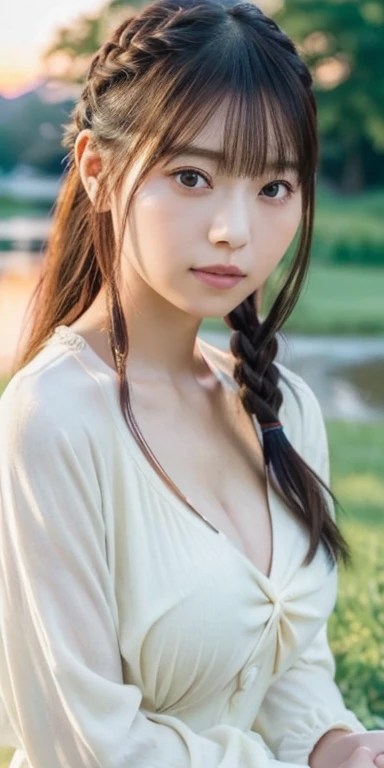 1 Japanese female, 30 years old, Very beautiful, (very cute), (Very detailed美しい顔), Great face and eyes,(Flower Hair Ornaments,Braided top knot,Twisted Side Part Ponytail Braided Headband,Half Up、Braided Space Van,Voluminous fishtail braid,Twisted pan),(Asy...