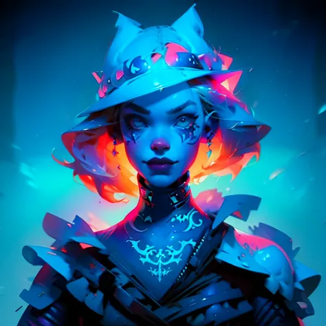 a woman with tattoos and a top hat, cyberpunk comic cover art, police uniform, sona, necro, punk , mischievous, portrait of harley quinn, techno artwork, black and cyan color scheme, a sexy blonde warrior, gogo : :, pastel artwork, beautiful android woman,...