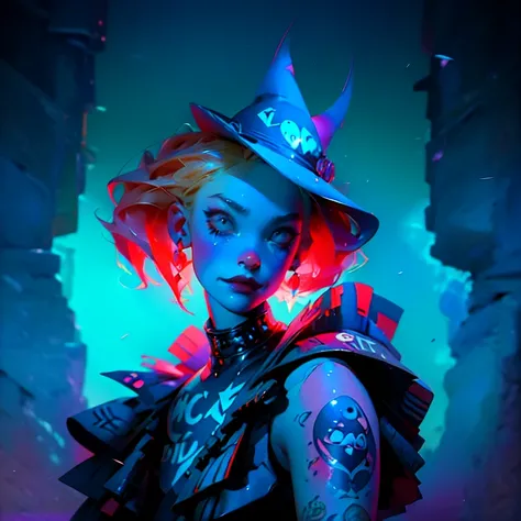 a woman with tattoos and a top hat, cyberpunk comic cover art, police uniform, sona, necro, punk , mischievous, portrait of harley quinn, techno artwork, black and cyan color scheme, a sexy blonde warrior, gogo : :, pastel artwork, beautiful android woman,...