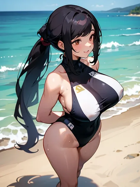 1 woman,black hair,brown eye,long low ponytail hair,swept bangs,gigantic breasts,smile,parted lips,white plunging swimwear,standing,from behind,open legs,sweat,beach side,