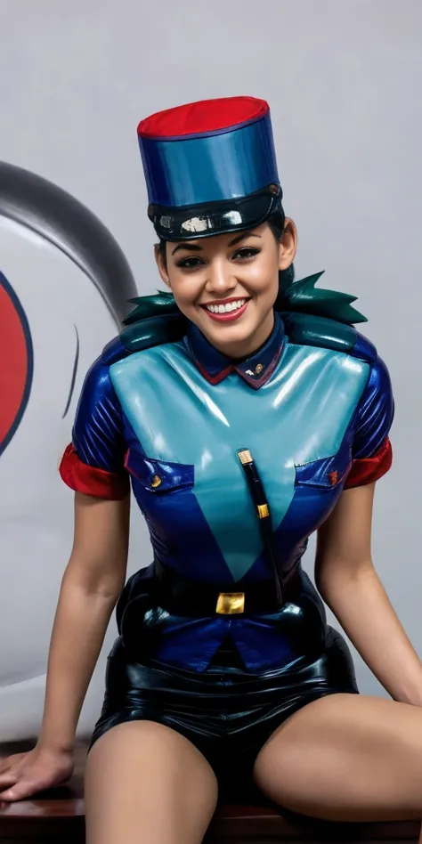 Jenny-pokemon, goregous police woman, sitting, perfect legs, ((arms behind back)), unbutton shirt, busty, colossal cleavage, lipstick, smiling, police cap, ((plain background:1.3))