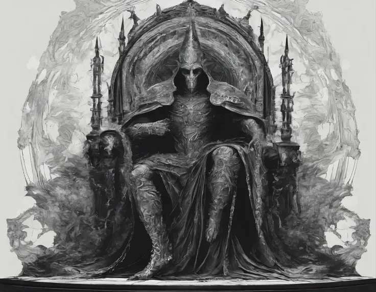 A massive God sits on a black and throne. He’s in mourning for a ominous reason Is divine ancient power is chaotic and destructive, but also very fearful and terrifying Gothic armor adorn his body it is a other worldly being his face cannot be seen its per...