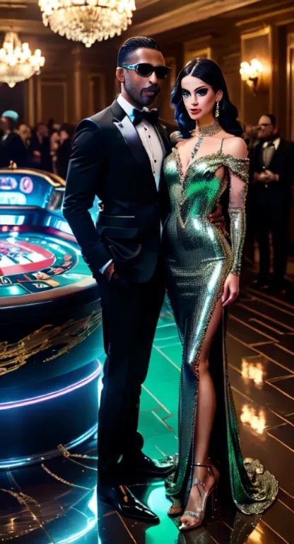 (elegant casino, luxurious dresses, men and women in elegant attire, playing poker, roulette, and throwing dice, harmonious anthropomorphic cyborgs, sophisticated and opulent, men in black tuxedos, bow ties, perfect hair, women in exquisite evening gowns, ...