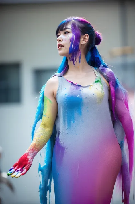 (Level difference:1.8),(Paint collides and splatters on the canvas),(depth of fields),1 The profile of the girl blends into it,(Side face),Open mouth,(Liquid Paint Rainbow Hair:1.1) It is made of paint and、gravity-defying,Thick flow,(Paint Splatter:1.3),Li...