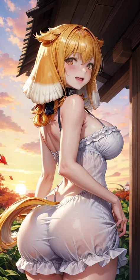 masterpiece, best quality, roxanne, dog ears, fluffy dog ears, collar, sundress, looking at viewer, garden, autumn, sunset, large breasts, ass, smile edgYSD, woman wearing a sundress, very voluminous very fluffy very long dog tail, dog tail starts immediat...