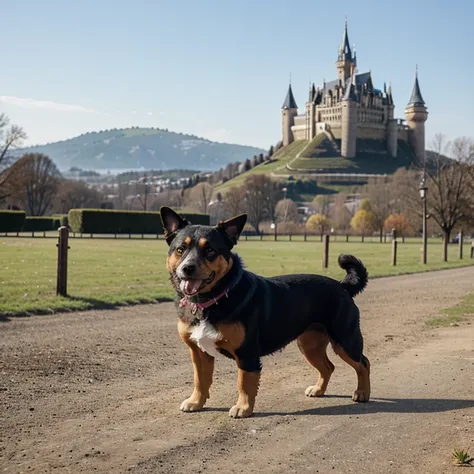 A dog with a small  and a castle in the background 