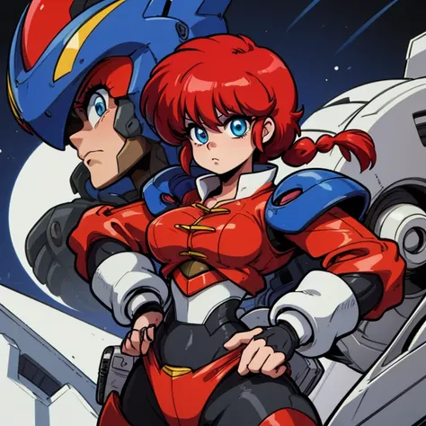 Ranmachan, cabello rojo, Cabello con trenza, ojos azules, ojos detallados, A-Mecha Musume, mechanical suit 