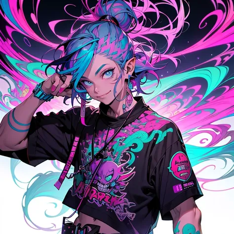 mago com manto de capuz vermelho e detalhes neon azul, sorriso sarcasticos, mixando como Dj, neon purple smoke, artgem, detalhes neon no cabelo, inspired goblin, ar 16:9 artgem niji