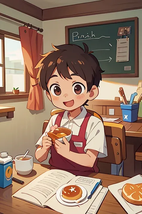 create an image of a happy 8-year-old brown boy wearing a uniform to go to school, having breakfast sitting in the kitchen at home