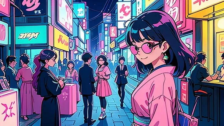 Vivid and bright colors, mainly pastel and neon colors、Inspired by the streets and fashion of Japan in the 1980s、Skyscrapers and neon signs、Long skirt、sunglasses、cap、Characters dressed in 80s fashion、Slim and tall、Model-like body type characters、A happy lo...