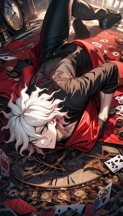 Ultra detailed, highres, absurdres, HDR, Komaeda Nagito, white hair, silver eyes, Danganronpa, red long coat, black tight shirt with patterns, clock, gear, in wonderland, heart cards, sexy man, solo, handsome, very detailed face and eyes, black gloves, bla...