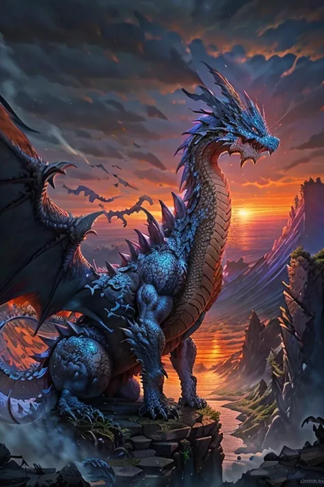 (a blue dragon posing in a ruined city),oil painting,impressive scale,powerful wings,sharp claws,fiery breath,majestic creature,scaly skin,detailed cityscape,crumbling buildings,twisting vines,beautiful sunset lighting,mythical beast,grandeur and mystery,a...