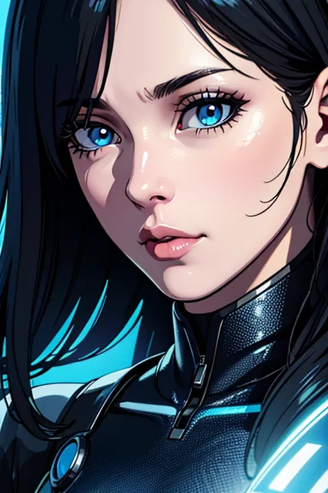 Close-up of a woman wearing a black and blue dress, Highly detailed digital art in 4K, Detailed 4K digital art, Realistic 4K digital art, realistic digital art 4 k, Stunning digital illustration, Image of a beautiful sci-fi girl, Portrait of a woman from s...