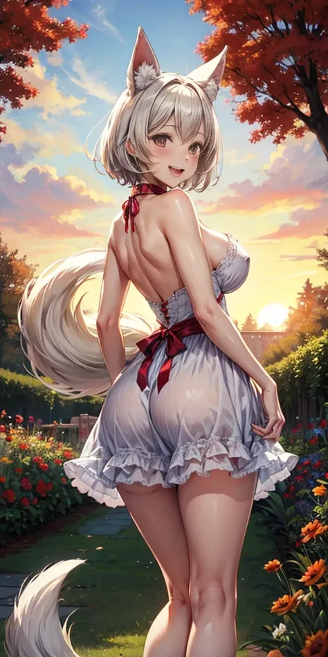 masterpiece, best quality, roxanne, dog ears, fluffy dog ears, collar, sundress, looking at viewer, garden, autumn, sunset, large breasts, ass, smile edgYSD, woman wearing a sundress, very voluminous very fluffy very long dog tail, dog tail starts immediat...