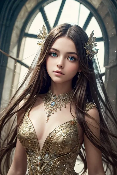 1girl, Beautiful eyes with fine symmetry, fantasy dress, proportional figure, pure and innocence, designs inspired by bellesa, dynamic photo, creation of fantasy, f/16, (Highly detailed), (high resolution), (Best quality), (masterpiece)
