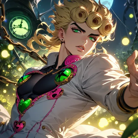 absurdres, highres, ultra detailed, HDR, master piece, best quality, extremely detailed face and eyes, perfect face, Giorno Giovanna, expressive green eyes, blond hair, jojo bizarre adventure, solo, sexy man, handsome, white coat, black tight shirt, clock ...