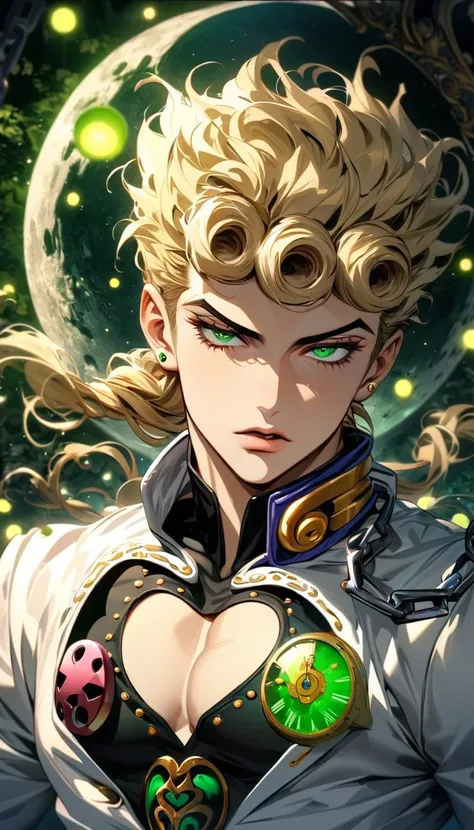 absurdres, highres, ultra detailed, HDR, master piece, best quality, extremely detailed face and eyes, perfect face, Giorno Giovanna, expressive green eyes, blond hair, jojo bizarre adventure, solo, sexy man, handsome, white coat, black tight shirt, clock ...