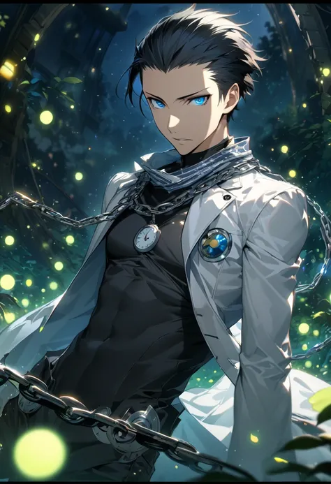 absurdres, highres, ultra detailed, HDR, master piece, best quality, extremely detailed face and eyes, perfect face, beautiful eyes, Mochizuki Ryoji, expressive blue eyes, black hair slicked back, Persona 3, solo, sexy man, handsome, white coat, black tigh...