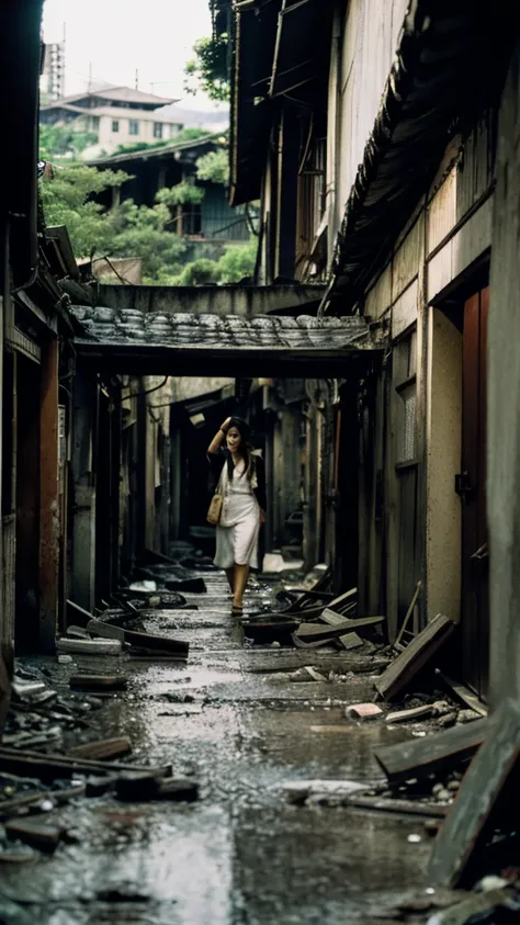 Showa,Underground street,Collapse,Devastation,Inside the ruins,Glasses,Women,adventure,Black and White,