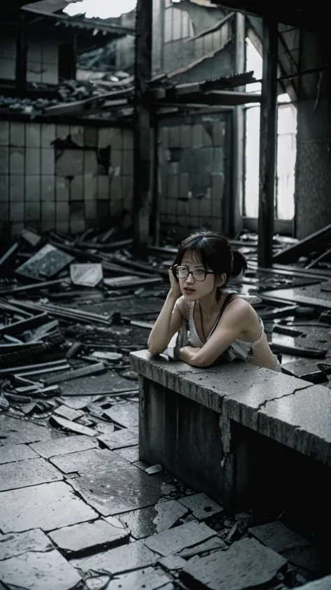 Showa,Collapse,Devastation,Inside the ruins,Glasses,Women,adventure,Black and White,