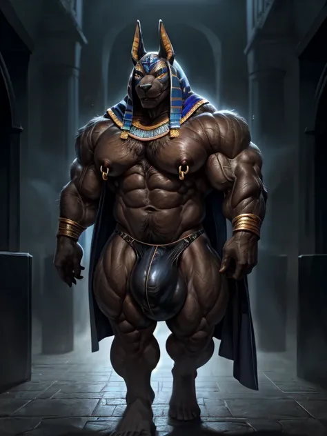 screwed up: Muscular black Anubis walking forward in a half-worn robe. 4K, A high resolution, Best quality, perfect colors, perfect shadow, perfect lightning, posted on e621, hairy bodies, Alone, anubian jackal, older male, black tight speedos ( huge bulge...