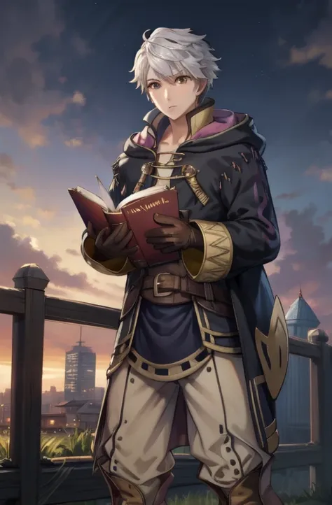 masterpiece, highest quality, marelolobin, fire emblem awakening,food, brown eyes, wizard, robe, pants, gloves, hold a book unde...