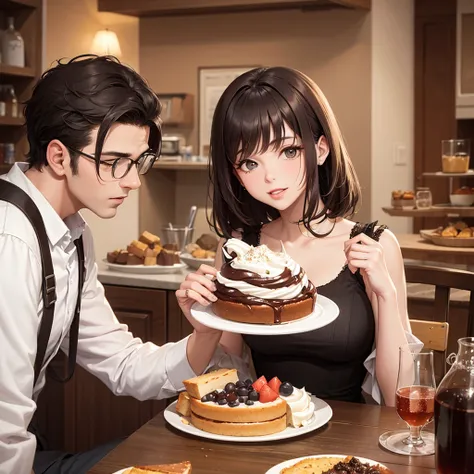 Crea una imagen sobre postres en una caa vintage con un hombre y una mujer disfrutanlos
