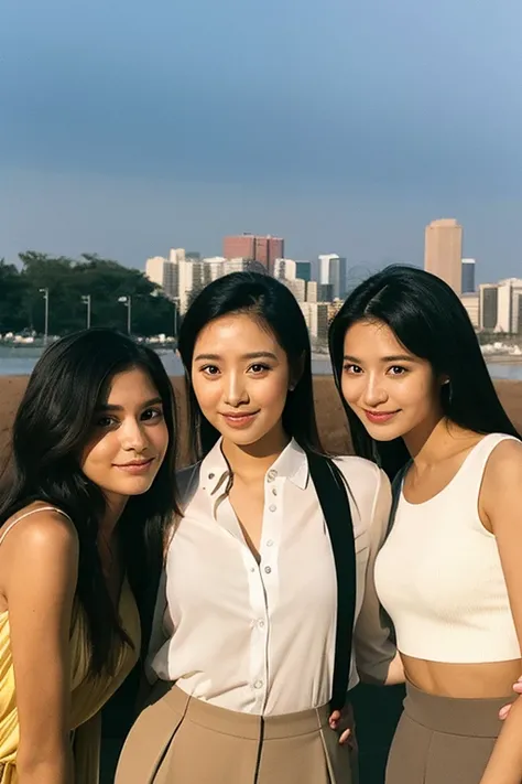 three women pose for a photo with a man in the background 