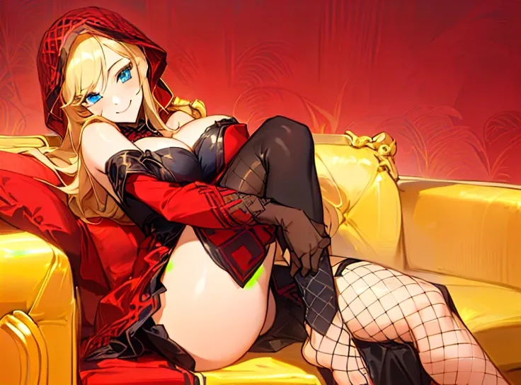 1 Anime Girl, (((Black Dress))), (((Sitting on a red couch))), (((blond hair))) (Long Hair), (((blue eyes)))), ((sexy pose)))), (((mischievous smile)))) , (((folded leg exposing the thighs))))), ((showing the panties)))), ((wearing socks fishnet thigh high...