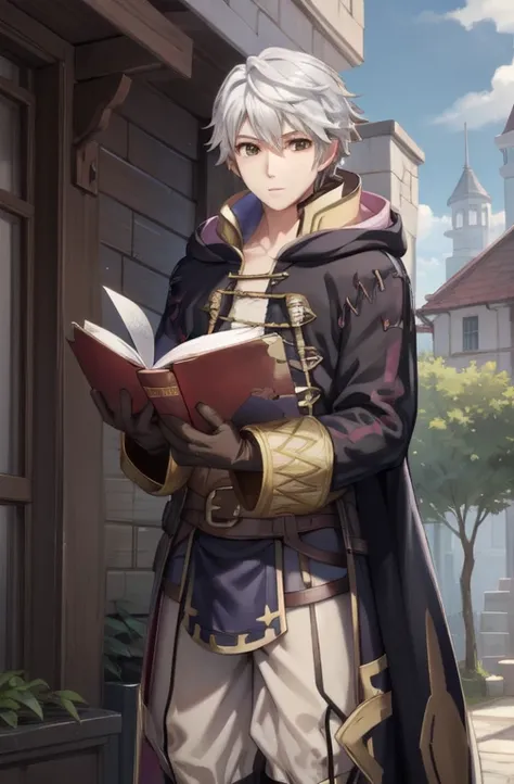 marelolobin, fire emblem awakening,food, brown eyes, beautiful detailed eyes,wizard, robe, pants, gloves, hold a book under your...