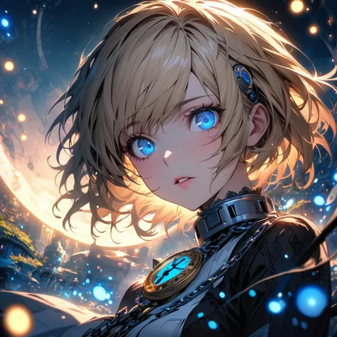 absurdres, highres, ultra detailed, HDR, master piece, best quality, extremely detailed face and eyes, perfect face, beautiful eyes, Aegis, expressive blue eyes, blond short hair, Persona 3, solo, woman, extremely beautiful, pretty, clock mechanical moon, ...