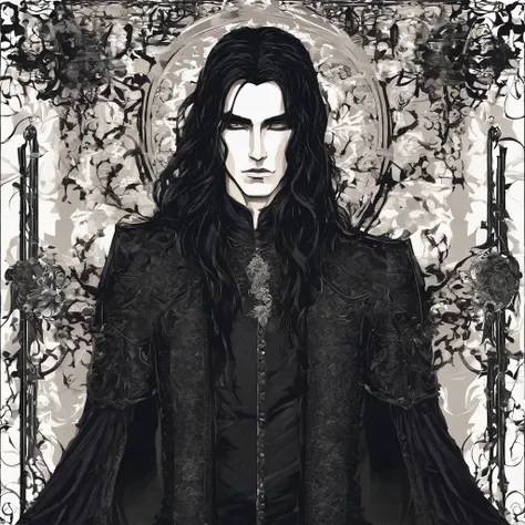 Make a young man with long black hair in a black outfit in Nordic style