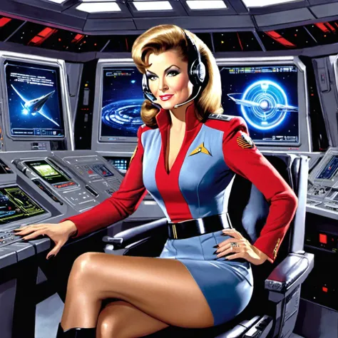 Female Starship Enterprise Officer sits in the command chair of her command station. Short tight uniform dress with deep V-neck, ((Starship Enterprise insignia on the chest: 1.4)), communicates with a headset, make up, boots, long fingernails, (phaser weap...