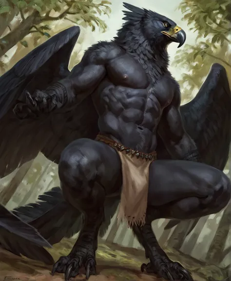 Black eagle, comic book style, illustration, solo, abs, concentrated expression, masculine body, nipples, masterpiece, best art, full body, digitigrade, by oouna, by taran fiddler, loincloth, tribal outfit, sharp talons, large wings, detailed hands, tall, ...