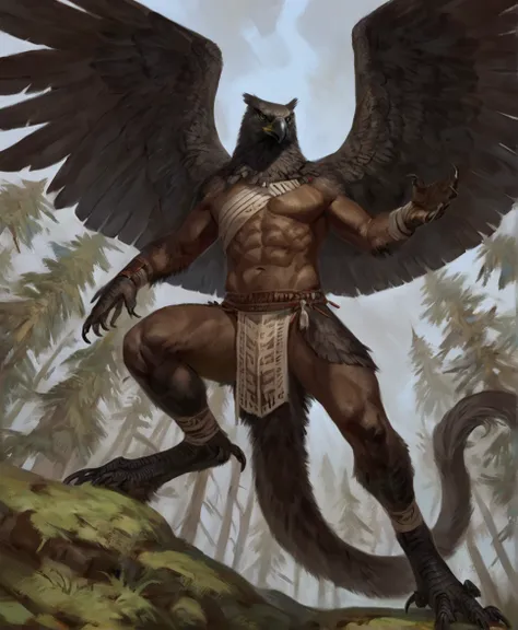 Black eagle, comic book style, illustration, solo, abs, chest wraps, concentrated expression, feminine body, masterpiece, best art, full body, digitigrade, by oouna, by taran fiddler, loincloth, tribal outfit, sharp talons, large wings, detailed hands, tal...