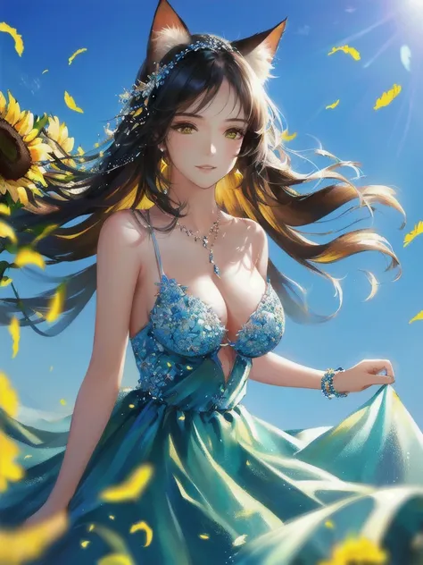 anime style, very fine illustration, high detail, dynamic angle, great detail, 8k, summer day, field of sunflowers, sunny day. BREAK The woman stands motionless, fascinated by the beautiful scene, watching the sunflowers bloom. The expression on her face s...