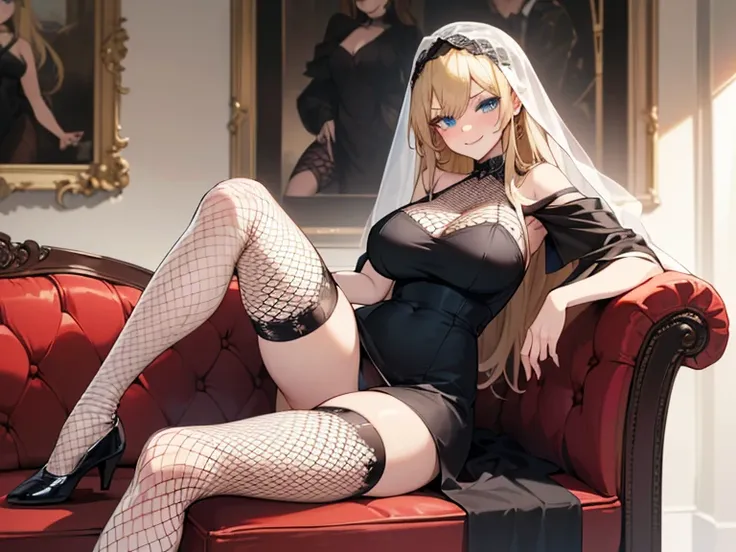 1 Anime Girl, (((Black Dress))), (((Sitting on a red couch))), (((blond hair))) (Long Hair), (((blue eyes)))), ((sexy pose)))), (((mischievous smile)))) , (((folded leg exposing the thighs))))), ((showing the panties)))), ((wearing socks fishnet thigh high...