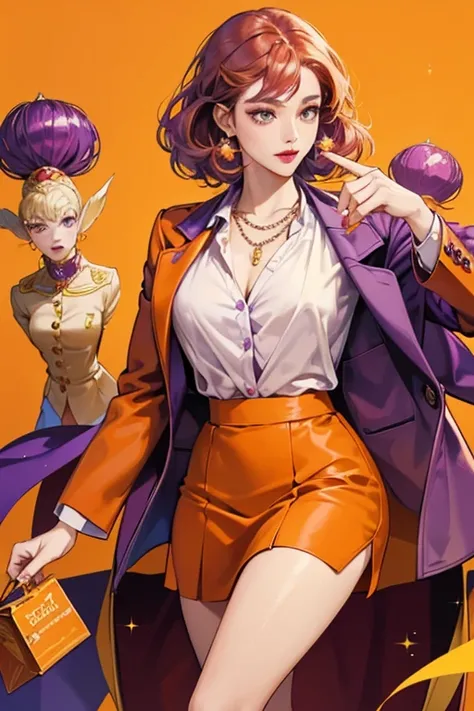 She is a beige orange with a pronounced chin and curly purple hair. She wears dull orange-red lipstick. Her attire consists of a purple button-up top and a darker purple skirt, with matching purple high heels and a short-trimmed red blazer jacket. She also...