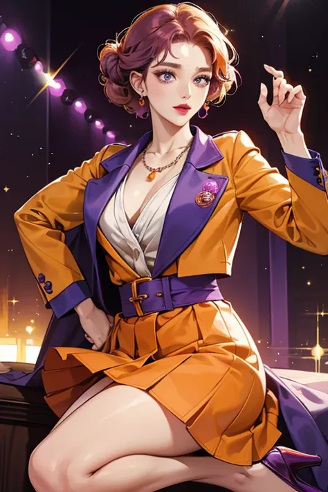 She is a beige orange with a pronounced chin and curly purple hair. She wears dull orange-red lipstick. Her attire consists of a purple button-up top and a darker purple skirt, with matching purple high heels and a short-trimmed red blazer jacket. She also...