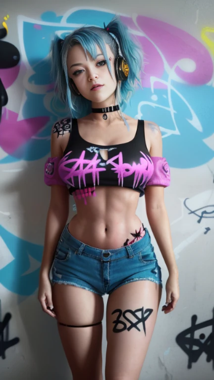 masterpiece, best quality, 1girl, solo, crop top, denim shorts, choker, (graffiti:1.5), paint splatter, arms behind back, against wall, looking at viewer, armband, thigh strap, paint on body, head tilt, bored, multicolored hair, aqua eyes, headset,