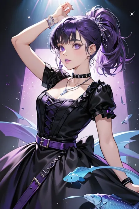 She is a light blue goth who wears a purple and black dress, a black studded leather bracelet, and a fish bone necklace. She has light pink lips and medium length dark brown hair with bangs. Her hair is tied up in a ponytail in the back with a purple hair ...