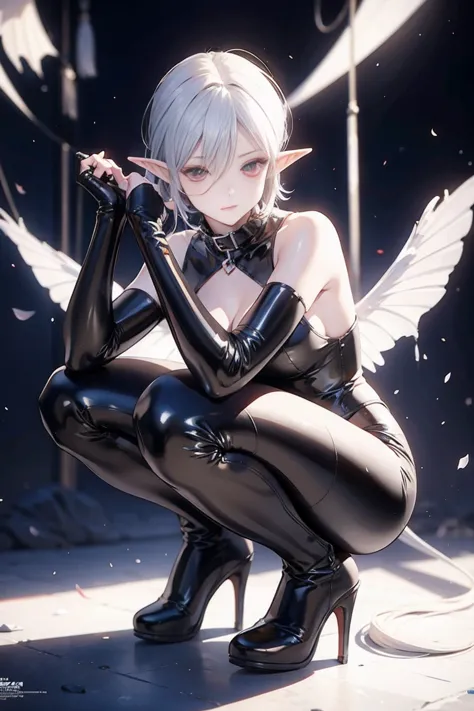 one, super good photo, unreal engine 5 8k uhd portrait of an evil gothic beautiful girl, sexual, elf, short white hair, red eyes...