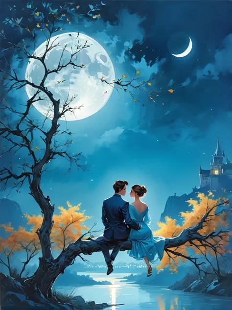 Romantic modern style，night，Backlight，A man and a woman sitting on a tree branch，There is a full moon behind，Alexander，repeat，Fresh colors，Soft colors，Diode lamp，Concept art style，Extremely complex details，Clear distinction between light and dark，layered，U...