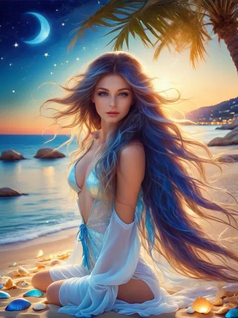 (Vision:1.5)，night，(Romantic Blue Coast:1.5)，Coastal Focus，Beautiful woman with long flowing hair and white hot pants，Relax on the beaches of the picturesque French Riviera，The white sandy beach blends perfectly with the clear blue sea，nearby，Colorful shel...