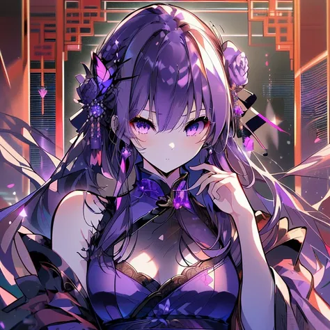 (High resolution,highest quality,masterpiece,Super detailed,wonderful,Attention to detail)Purple Hair,Long Hair,Straight hair,Purple Eyes,Sharp Eyes,Earrings,butterfly,China dress,Cinema Lighting,Rose,lanthanum,Look to the side,gorgeous,gem,thought,View yo...